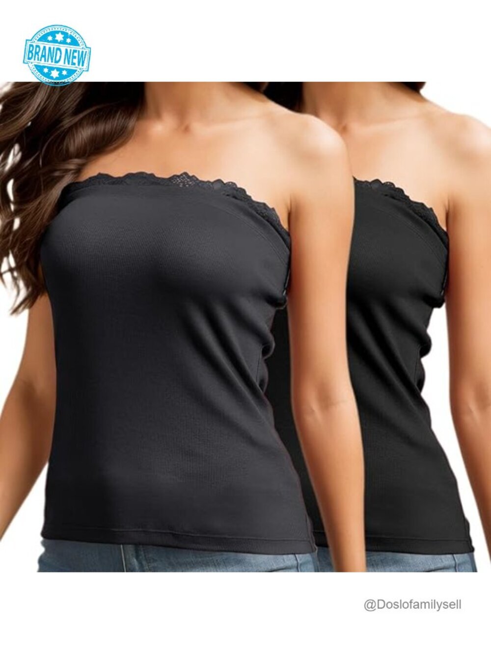 2 Pack Strapless Tube Tops Lace Bandeau Long Ribbed Full Length No Bra